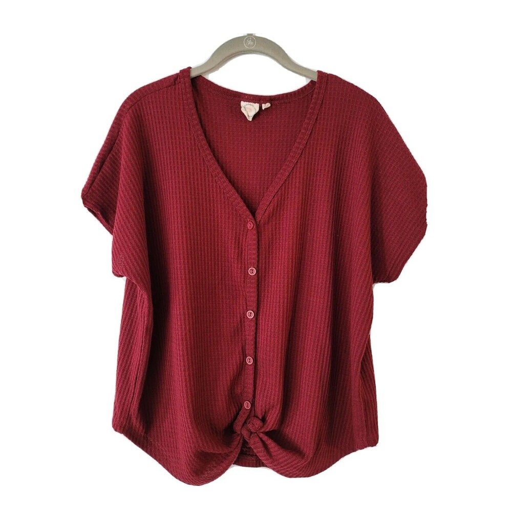 Live In The Moment Waffle Top Womens Size Large Burgundy